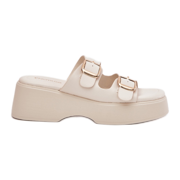 Inna Flips femininos na cunha e plataforma com braçadeiras implorando bege