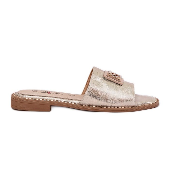 S.Barski Flip-flops de salto plano feminino com um ornamento S. Barski KV51-089 Gold dourado S.Barski Flip-flops de salto plano feminino com um ornamento S. Barski KV51-089 Gold dourado