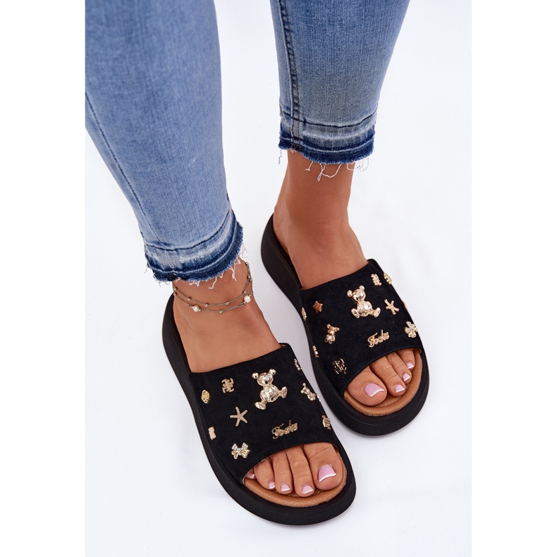 Camurça feminina chinelos com vinceza 66741 pinos pretos