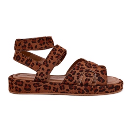 Sandálias femininas com leopardo de velcro marrom
