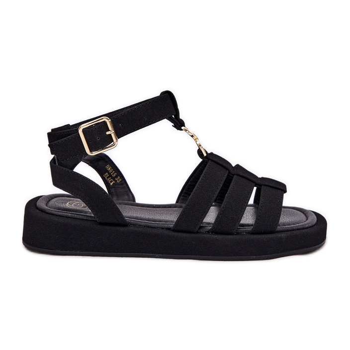 Sandálias femininas na plataforma com um detalhe dourado preto