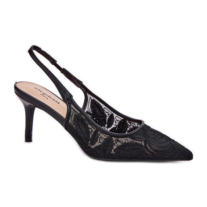 Sandálias de saltos de renda com um salto aberto preto