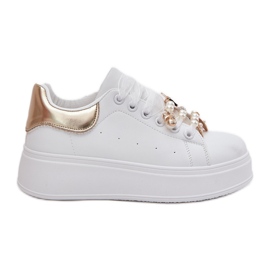 Tênis femininos na plataforma com alfinetes, branco e ouro