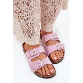 Chinelos femininos na plataforma de cortiça fivelas de lavanda roxo