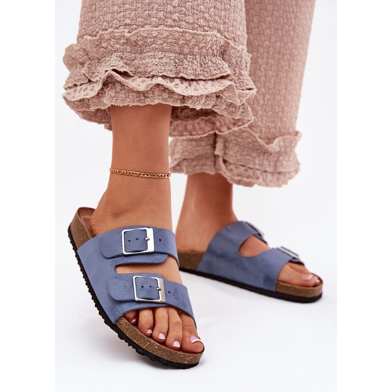 Chinelos femininos na plataforma de cortiça fivelas azuis azul
