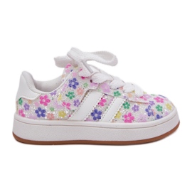 Sapatos esportivos de meninas brilhantes com flores brancas branco