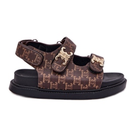 Sandálias de velcro infantil com detalhes dourados marrom castanho