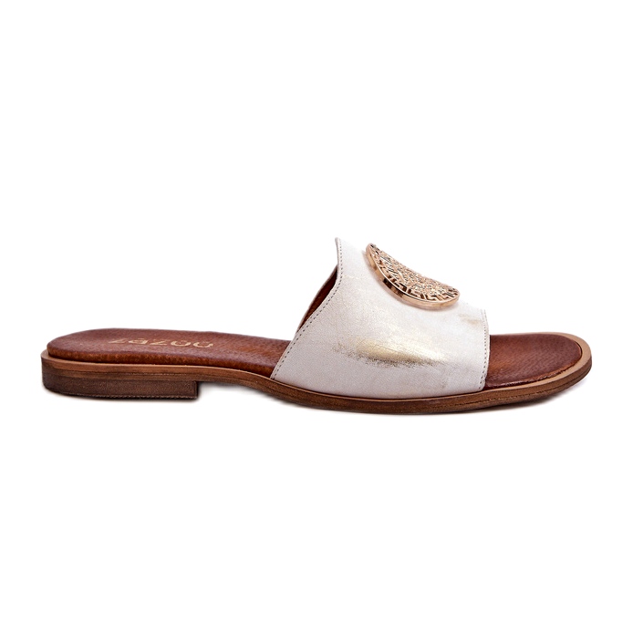 Chinelos de couro Zazoo 2938 com salto plano e decoração dourada, escovados branco