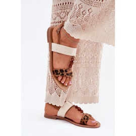 Sandálias femininas planas com contas estampas de leopardo marrom castanho