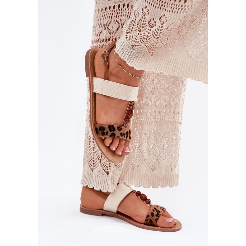 Sandálias femininas planas com contas estampas de leopardo marrom castanho