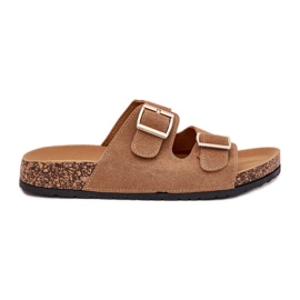 Boto Chinelos femininos com grampos dourados e castanho claro