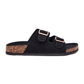 Boto Chinelos femininos com grampos dourados e costura de Luner Black preto