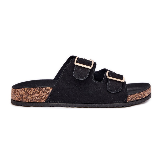 Boto Chinelos femininos com grampos dourados e costura de Luner Black preto