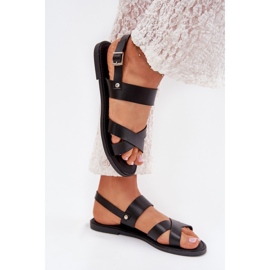 Boto Sandálias femininas planas com couro eco preto calira