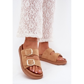 Boto Flips femininos na plataforma com fivelas de ouro camel veren marrom