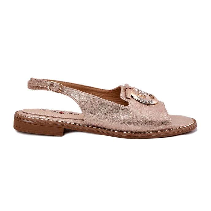 Sandálias femininas elegantes com decoração de salto plano S.Barski KV51-003 Pink Gold dourado