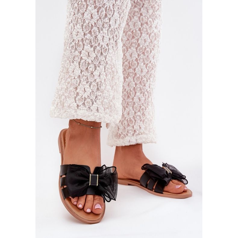 Boto Chinelos femininos de grama plana com um arco de tule preto tanira