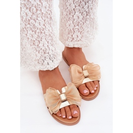 Boto Chinelos femininos de grama plana com um arco de tule tanira dourada dourado