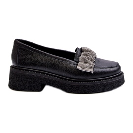 Zazoo 3419 Mocassins de couro femininos com uma tira de tira decorativa preto