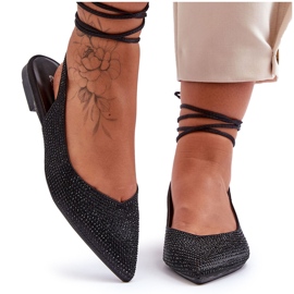 Sapatos de bailarina femininos com cadarço decorados com tachas, Jange preto