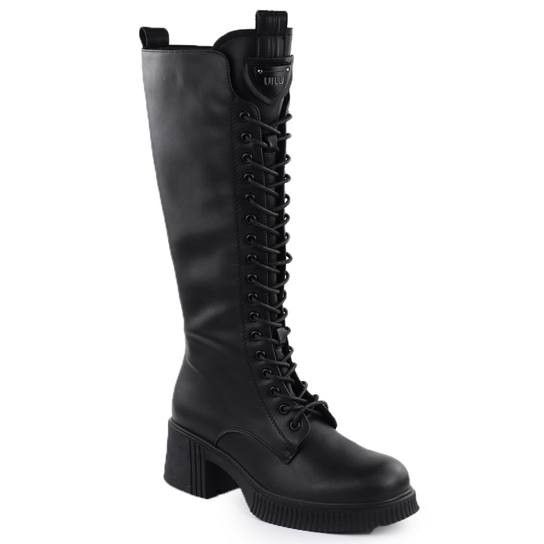 Botas de couro feminino Lace -up Boots no bloco Black Vinceza 66804