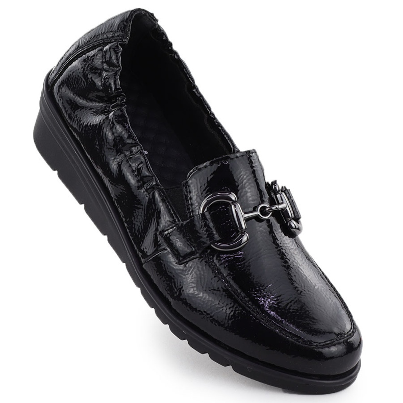 Sapatos de couro feminino lacados nas cunhas preto rieker l5352-00