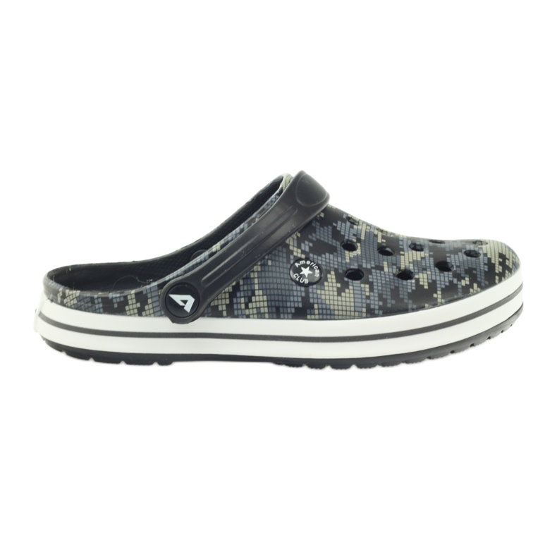 American Club Sandálias camufladas Kroks pantufas preto cinza verde