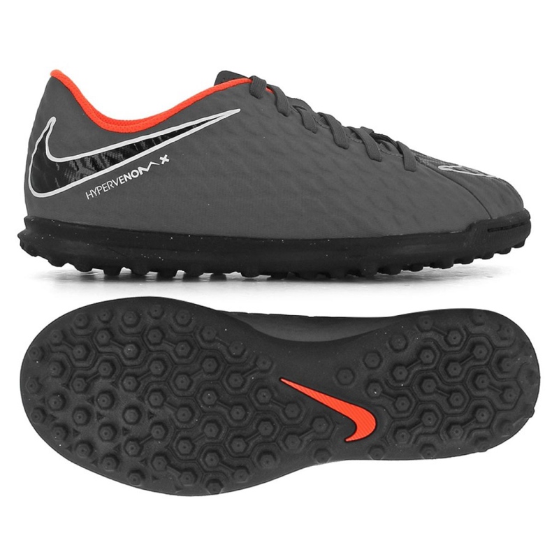 Chuteiras Nike Hypervenom PhantomX 3 Club Tf Jr AH7298-081 cinza / prata, laranja, cinza / prata cinza
