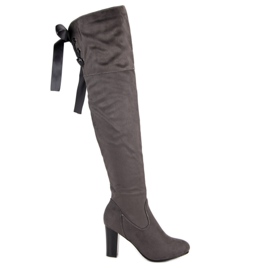 Forever Folie Botas elegantes de salto alto até a coxa cinza