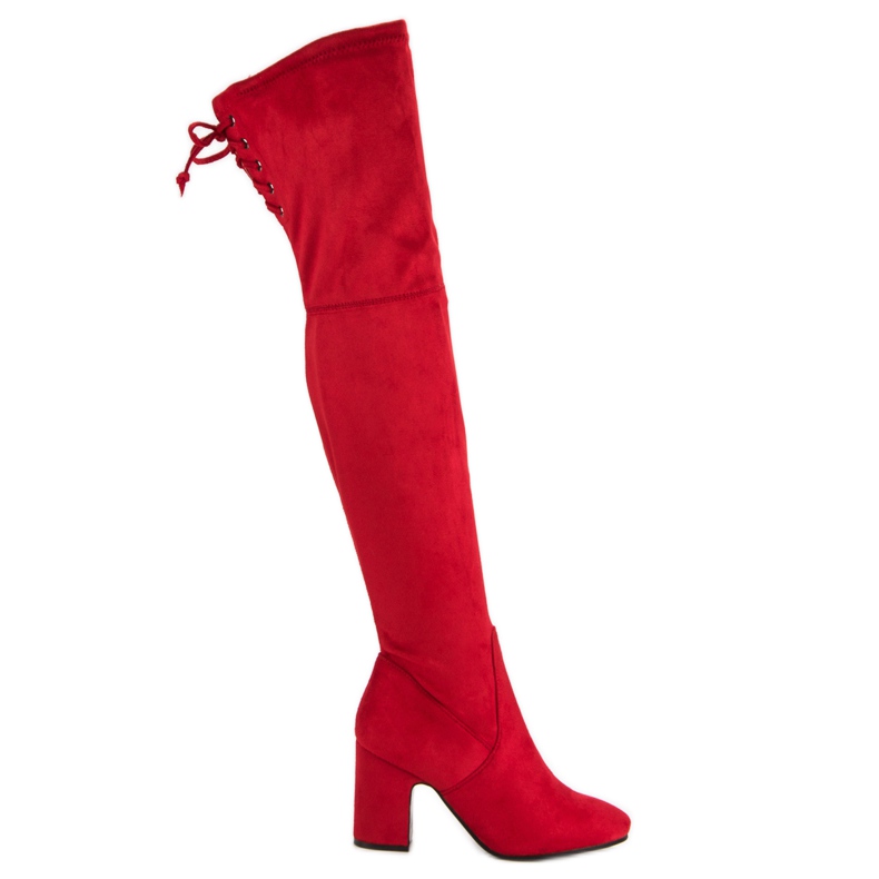 Super Me Botas vermelhas na altura da coxa em um poste vermelho