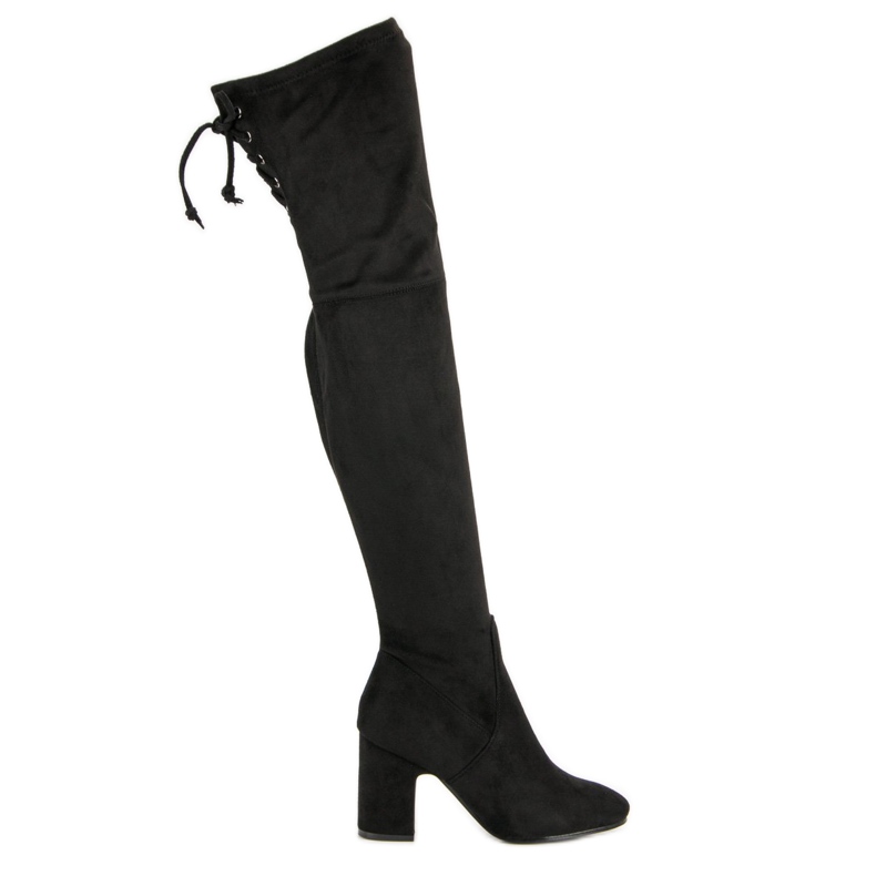 Super Me Botas pretas na altura da coxa em um poste preto