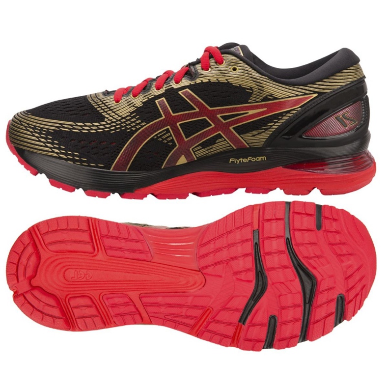 Tênis de corrida Asics Gel Nimbus 21 M 1011A257-001 preto vermelho amarelo