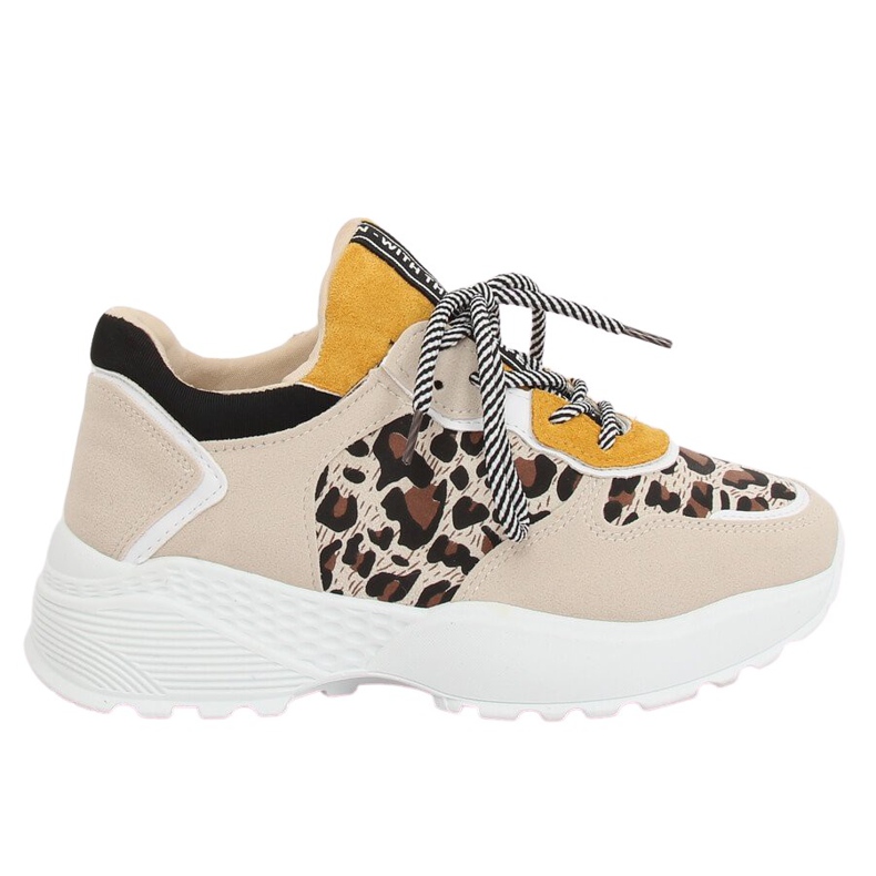Tênis esportivos bege com estampa de leopardo BL170P castanho amarelo Tênis esportivos bege com estampa de leopardo BL170P castanho amarelo