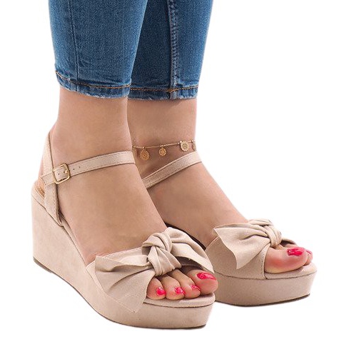 Sandálias de cunha rosa com laço F055 vermelho