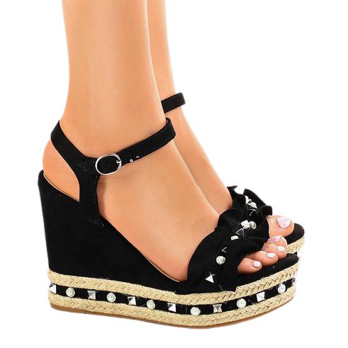 Sandálias pretas de cunha pérolas 2445 preto