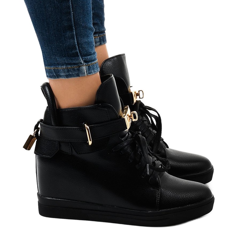 Tênis de cunha preta com fivela H6600A preto Tênis de cunha preta com fivela H6600A preto