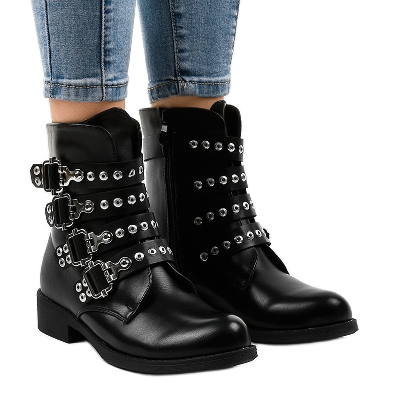 Botas rasas femininas pretas com fivelas JW9 preto