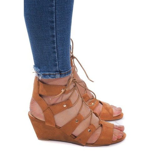 Sandálias de renda em cunha LL-115 Camel castanho