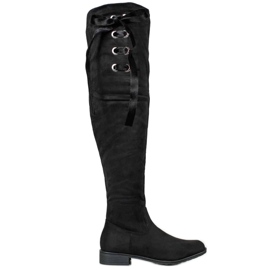 Ideal Shoes Botas acima do joelho com fita preto