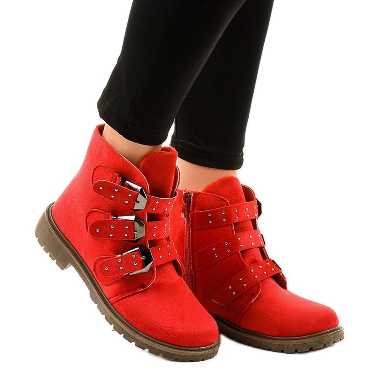 Botins rasos de camurça vermelha com fivelas TL95-4 vermelho Botins rasos de camurça vermelha com fivelas TL95-4 vermelho