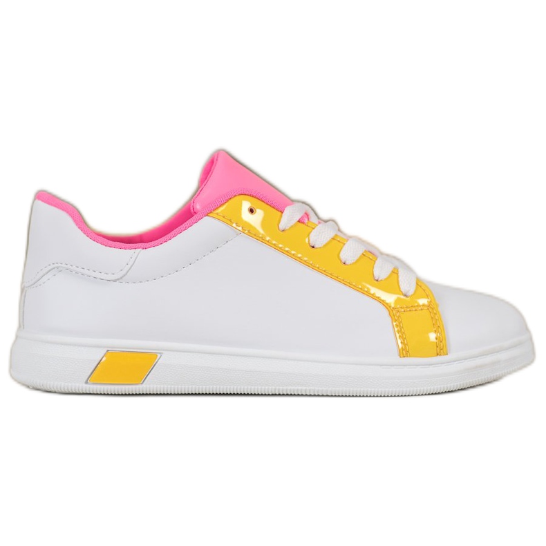 Ideal Shoes Tênis elegantes com couro ecológico branco laranja rosa multicolorido amarelo