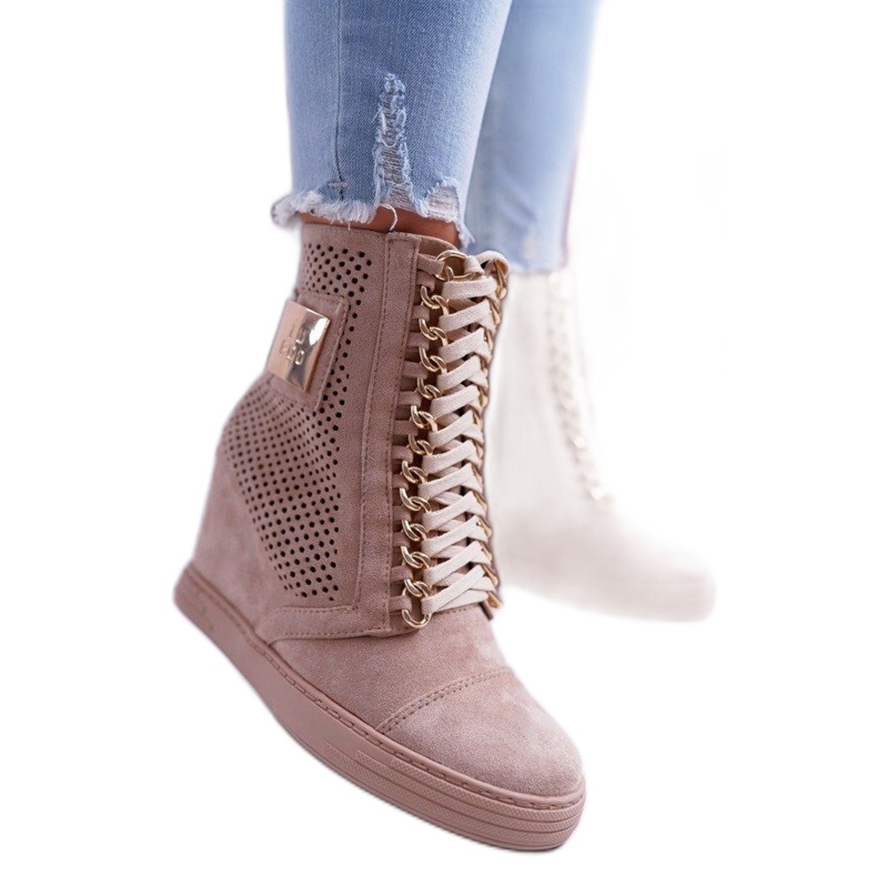 LU BOO Tênis B-3EA bege feminino com bordados abertos LU BOO Tênis B-3EA bege feminino com bordados abertos