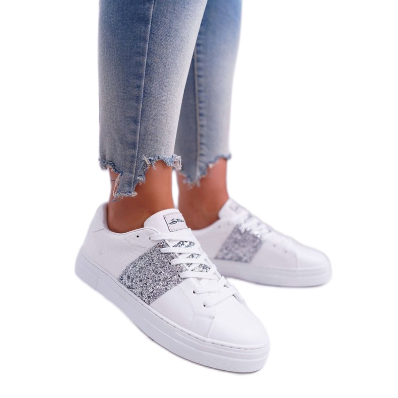 FRANA Sapatos esportivos femininos brancos com glitter FY221-1 cinza