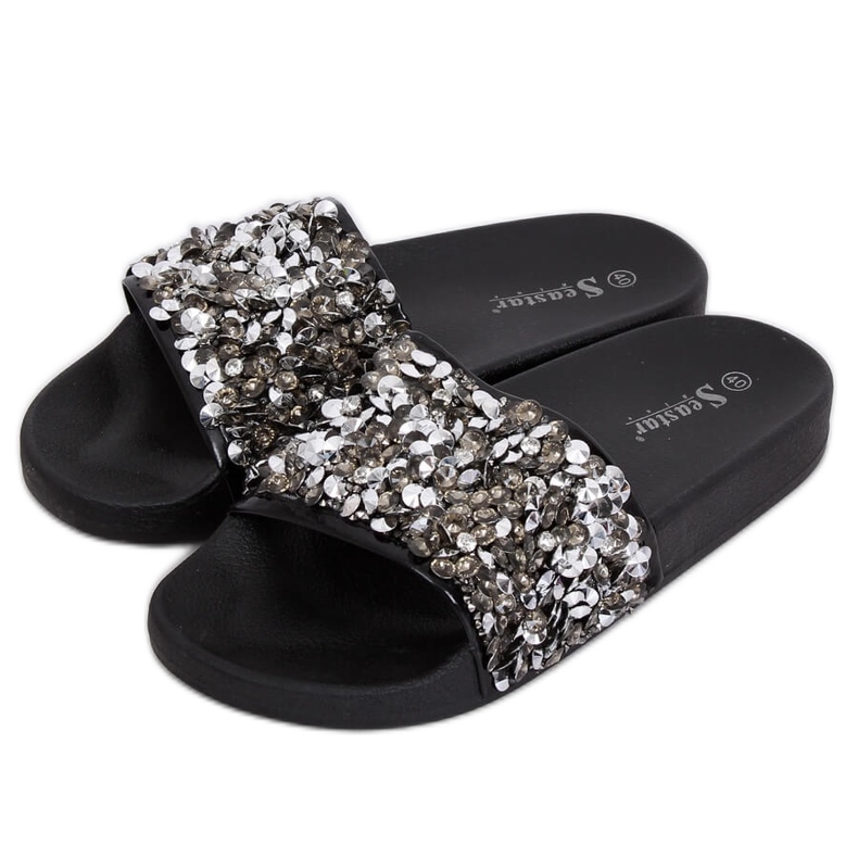 Chinelos femininos com pedras pretas CK106P Preto cinza