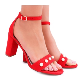 S.Barski Sandálias femininas no salto com pérolas Renes vermelho