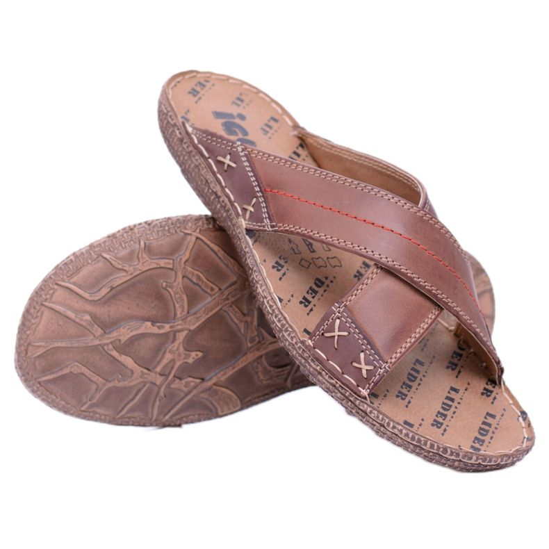 Iguana Chinelos masculinos de couro marrom claro ok castanho