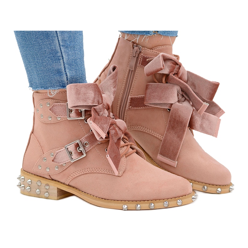 Lu Boo Powder Boots Camila com Studs Spikes Laço rosa