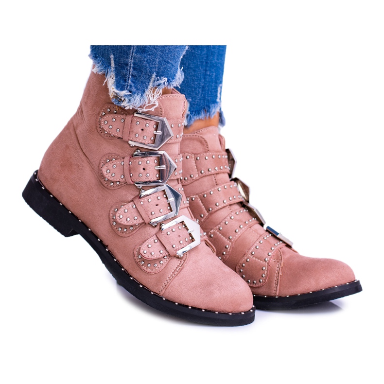 Botas Lu Boo Rosa Virginia Rock Star Rebites Fivelas Camurça