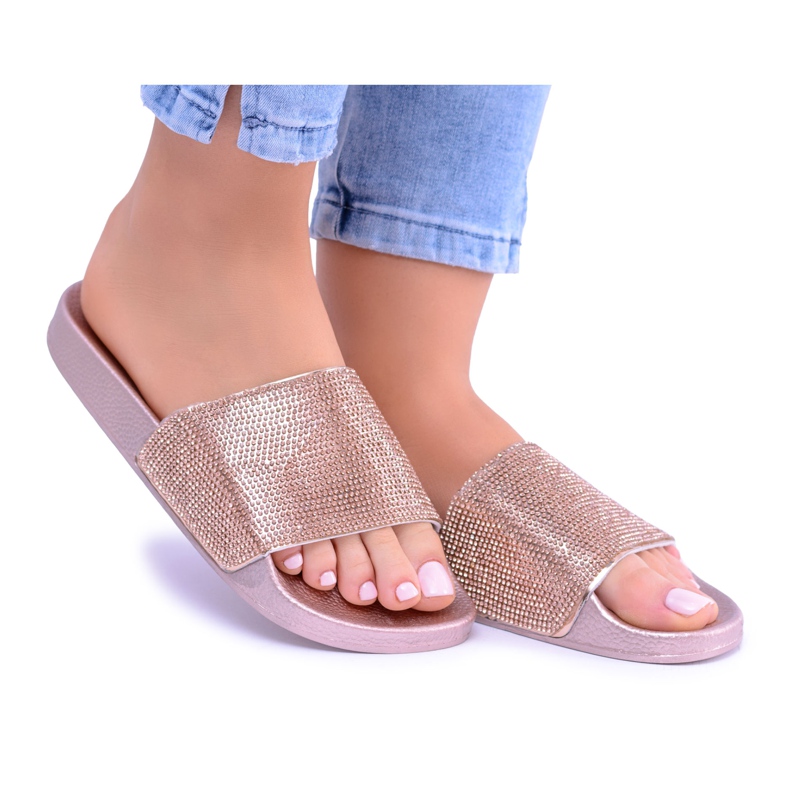 LU BOO Chinelos femininos com zircônia cúbica LadyCristal Rose Gold rosa amarelo