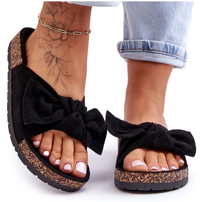 PS1 Chinelos femininos pretos no Cork Bow Wendy